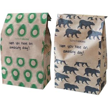 Imagem de LunchSkins Lancheiras de papel recicláveis – 100 unidades | Sacos de papel kraft marrom com área de notas | 50 estampas de abacate + 50 sacolas ecológicas para almoço e lanche com estampa de urso