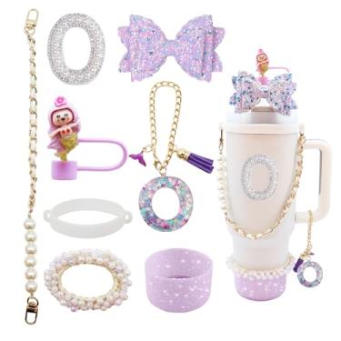 Imagem de Conjunto de acessórios de copo Stanley de 8 peças para copo de 1,134 g e 850 g com alça, incluindo topo de palha, bota, alça de alça de garrafa de água, decoração de arco de palha, pulseiras, pingente