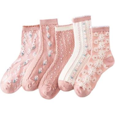 Imagem de 06 Pares Meias Femininas Retro Fina Algodão Renda - PromoGalax, Colori