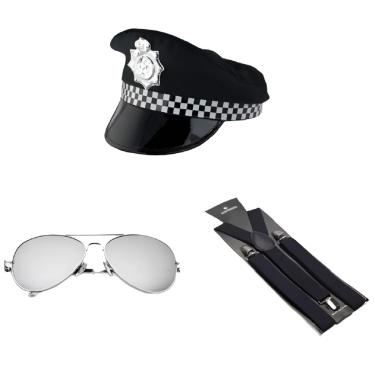 Imagem de Fantasia de Policial Unissex C/ Quepe Preto e Branco Óculos Espelhado E Suspensório - 3 Peças