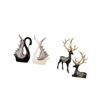 Imagem de Fenteer Conjunto Elegante de Estatuetas de Cisne E Rena, Estátuas de Animais de Cerâmica E Resina para Decoração de Casa, Aniversário, Casamento, Prateleira,