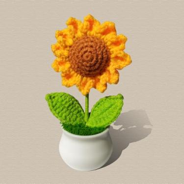 Imagem de VerveWider Flores de crochê, decoração artificial de girassol, vaso pequeno para mesa, mesa, decoração interna de casa e escritório (amarelo, pequeno)