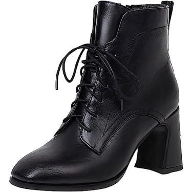 Imagem de Botas de cano curto femininas bico quadrado moda cadarço salto baixo botas botas de couro botas curtas antiderrapantes, Preto, 8.5