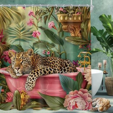 Imagem de Cinbloo Cortina de chuveiro leopardo 72 x 78 A rosa choque vida selvagem na banheira vintage animal da selva peônia tropical folhas retrô planta conjunto de cortina de banheiro moderno banheiro