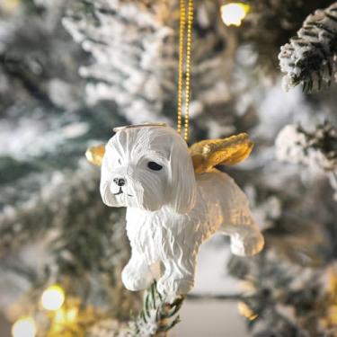 Imagem de Jetec Ornamento de árvore de Natal de cachorro anjo Malta com asas douradas enfeite para pendurar presentes para decoração de árvore de Natal
