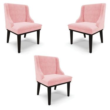 Imagem de Kit 3 Cadeiras Decorativas Sala De Jantar Base Fixa De Madeira Firenze Suede Rosa Bebê/preto G19