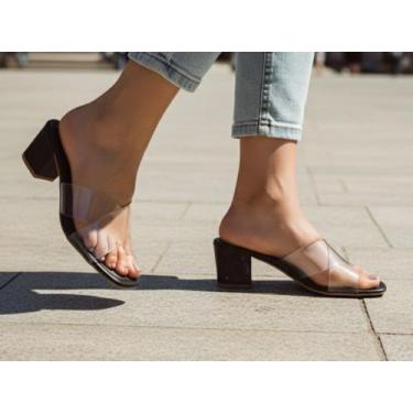 Imagem de Tamanco Sandália Feminina Salto Bloco medio com Tiras Transparente Cru