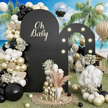 Imagem de Suporte de arco para ambientes externos, 1,8 m + 1,8 m + 1,5 m, capa de arco de fundo de casamento com luzes, 2 conjuntos de molduras redondas de papelão para decoração de festa de aniversário, ano