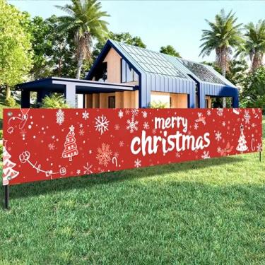 Imagem de HOMETITUTE Banner de Feliz Natal 395 x 50,8 cm, floco de neve vermelho, cenário de árvore de Natal, decorações de Natal ao ar livre, para parede, quintal, varanda, cerca, festa de feriado, foto de