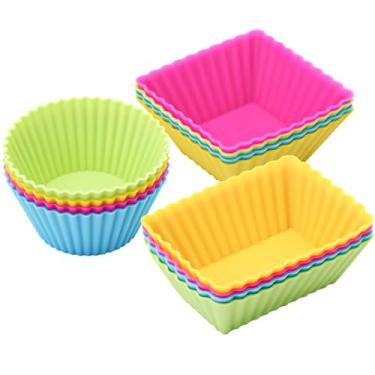 Imagem de Pacote com 12 forros de silicone para cupcake, copos de muffin reutilizáveis – Copos de cozimento redondos, quadrados e retangulares, antiaderentes, fáceis de limpar, acessórios Bento Box, divisórias