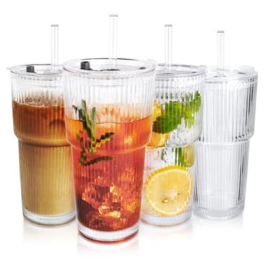 Imagem de Colnic 4 peças de copos de vidro de 590 ml com tampas e canudos, xícaras de café gelado com tampas, copo de copo grosso com nervuras elegantes para suco, vitaminas, bebidas frias, presentes fofos com