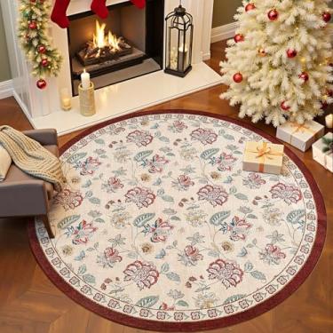 Imagem de jinchan Tapete redondo de 1,8 m, boho floral, vintage, envelhecido, lavável, antiderrapante, camada baixa, design fino e macio para sala de estar, quarto de crianças, entrada, quarto, sala de jantar