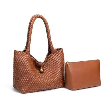 Imagem de Bolsa Hobo de couro de luxo com bolsa combinando, bolsa de ombro trançada marrom, conjunto de 2 peças, Marrom, Large