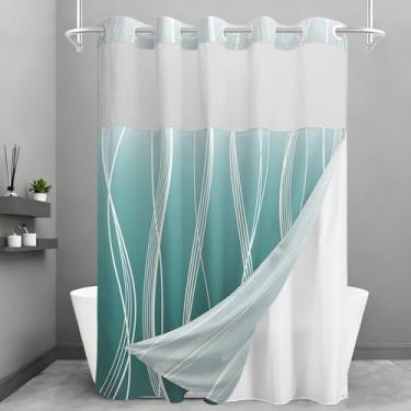 Imagem de Cortina de chuveiro extralonga ombré listrada azul-petróleo com forro de tecido de encaixe - camada dupla estilo moderno de hotel para banheiro, 188 x 203 cm