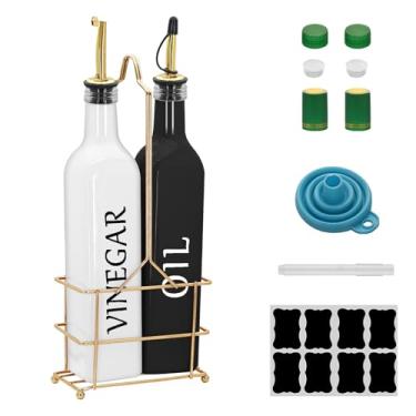 Imagem de eispap Conjunto de garrafas de óleo e vinagre de vidro colorido de 500 ml com rack de metal dourado – Pacote com 2 frascos dispensadores de azeite de oliva com funil e bicos dourados (óleo preto e