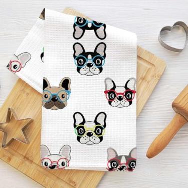 Imagem de Toalhas de cozinha buldogue francês, cachorro fofo de desenho animado e óculos coloridos pano de prato decorativo de microfibra absorvente toalha de chá, toalhas de mão waffle para cozinha, casa