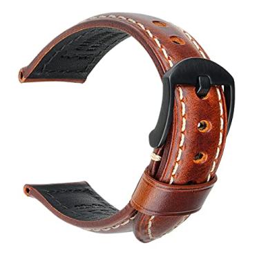 Imagem de REZERO Pulseira de relógio vintage de couro encerado a óleo de 18 mm, 19 mm, 20 mm, 21 mm, 22 mm, 23 mm, 24 mm, 26 mm, masculino e feminino, Marrom avermelhado + fivela preta, 18mm, Tradicional,