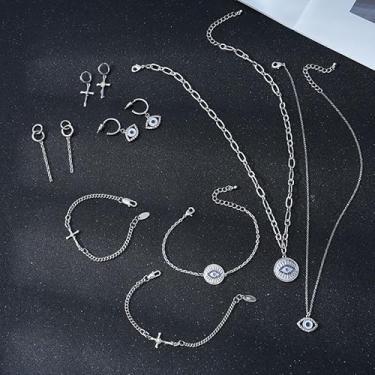 Imagem de Conjunto de joias aleatórias com olho turco e cruz para mulheres - Colares, brincos, pulseiras, coleção de acessórios simbólicos Boho, One size, Acrílico, Zircônia cúbica