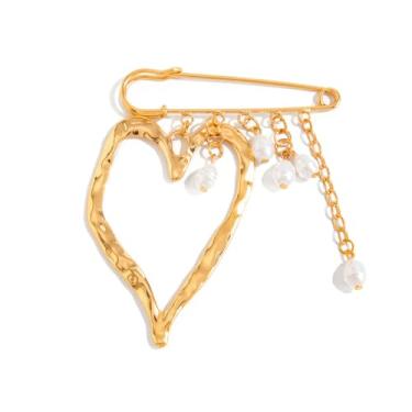 Imagem de Broche de coração dourado para mulheres broche de corrente de borla de pérola broche de lapela grande declaração coração clipe de papel alfinetes de crachá joias de casamento, sliver, Gesso, Sem Pedra