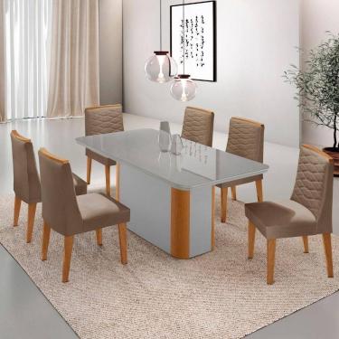 Imagem de Mesa De Jantar Isadora 180cm Tampo Mdf Vidro Com 6 Cadeiras Veludo Capuccino Off White Serigrafia