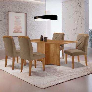 Imagem de Mesa Olimpia 120 Mdf Canto Copo E Com 4 Cadeiras Melissa Veludo Capuccino Naturalle