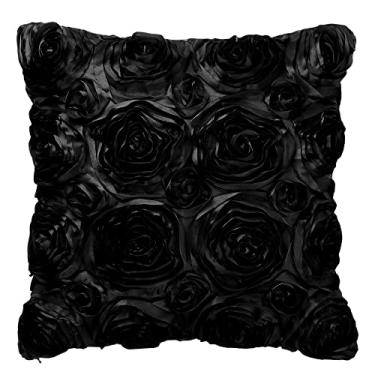 Imagem de Capas de almofada PiccoCasa 3D de cetim rosa flor manta capa de almofada, arte decorativa rosas de cor pura flores capas de almofada floral para sofá, 16 x 16 polegadas, Preto