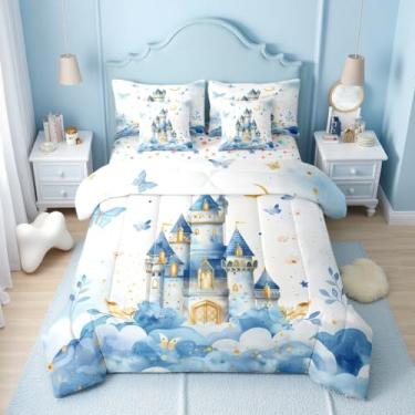 Imagem de Erosebridal Jogo de cama solteiro com estampa de princesa, castelo, 7 peças, para crianças, adolescentes, borboleta azul, floral, lua e estrelas, lençol com elástico + lençol de cima
