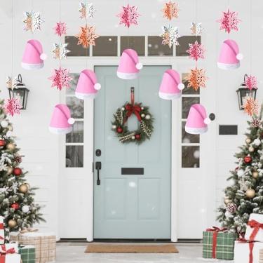 Imagem de Haooryx Decoração de Natal ao ar livre e interno - 12 peças de chapéu de Papai Noel rosa e 18 peças pingente de enfeite de floco de neve 3D com corda de papel artesanal para casa, varanda, jardim