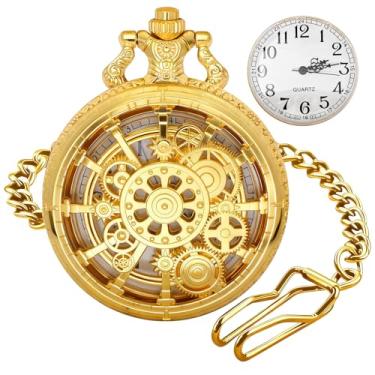 Imagem de Tiong Relógio de bolso masculino casual de quartzo dourado vazado com mostrador numeral arábico branco