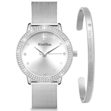 Imagem de Afcrho Relógio feminino - Relógio analógico de cristal de aço inoxidável com pulseira - prata