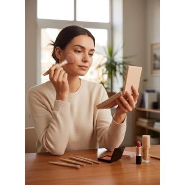 Imagem de Conjunto de 5 pincéis de maquiagem para viagem com espelho, blush de base, corretivo em pó, sombras, pincéis de maquiagem, rosa