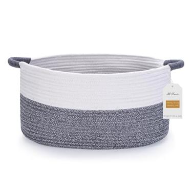 Imagem de Cesta de corda grande com alças, cesta grande de armazenamento Bohe, cesto de roupa suja, organizador de decoração de casa para toalhas, brinquedos, livros e revistas (branco e cinza escuro, G (51 cm