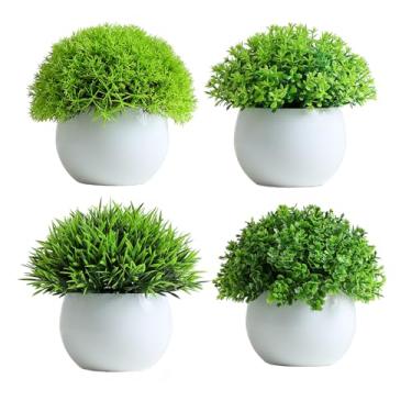 Imagem de Plantas falsas com 4 pacotes de plantas artificiais em vasos de vegetação sintética pequena prateleira falsa ou vegetação de mesa para casa, interior, sala de estar, casa, exterior