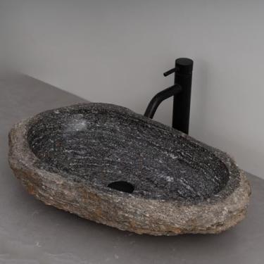 Imagem de MIDUSO Pia de embarcação de pedra irregular 100% feita à mão; pia de pedra real; pia de embarcação exclusiva; acima do balcão; pia de rocha de rio; banheiros rústicos de pias; Irre RiverStone 280