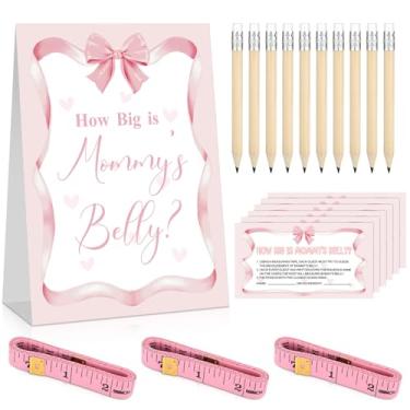 Imagem de 64 peças de jogos de chá de bebê com laço rosa incluem o tamanho do sinal de barriga da mamãe, jogo de colisão e 50 cartas de adivinhação, 10 lápis e 3 fitas métricas para chá de bebê, artigos de