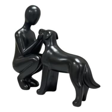 Imagem de Generic Escultura em resina de homem e cachorro, acessório decorativo encantador para casa, arte abstrata multifuncional e fofa, 15,5 x 4,3 x 14 cm, Preto