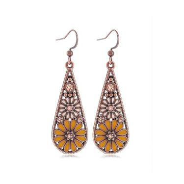 Imagem de Brinco com pingente de gota de cristal boêmio, vintage verde oliva vazado flor floral, brincos de gancho de flor esmaltada, estilo nacional, joia étnica feita à mão para mulheres, 1, Metal, Sem pedra