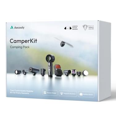 Imagem de Aecooly Kit de sobrevivência de acampamento modular 11 em 1, equipamento portátil ao ar livre com ignição, lanterna, alarme, bomba de água e ar, carregador, 3 ventiladores de resfriamento, 2 luzes