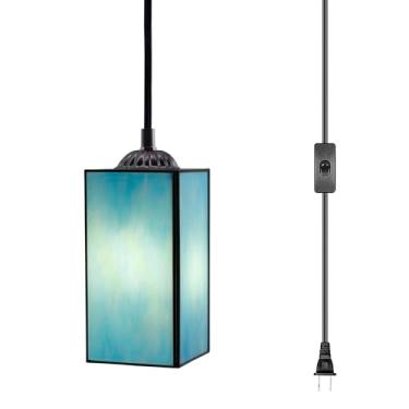 Imagem de L-Juicwe Luminária pendente Tiffany pequena lâmpada suspensa de vitral plugue ajustável de 10 cm para sala de jantar, quarto, corredor (Azure)