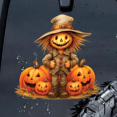 Imagem de Decalque de carro espantalho abóbora Halloween – Adesivo grande de vinil impermeável Jack O'Lantern de 22 x 23 cm, decoração marrom laranja colheita de outono para carro, caminhão, janela, laptop