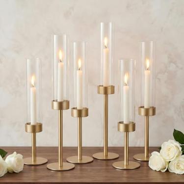 Imagem de Ronasip Conjunto de 6 castiçais Hurricane, castiçais de metal dourado fosco com tubos cilíndricos de chaminé de vidro transparente, suportes de vela altos para casamento, Natal, decoração de mesa de