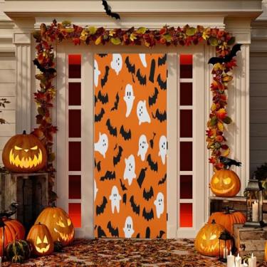 Imagem de Wassud Capa de porta com tema assustador de Halloween decoração de exterior interior bandeira varanda decoração de casa grande decoração de porta da frente 96 x 98 polegadas