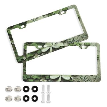 Imagem de Wassud Moldura de placa de licença para paredes de trevo de quatro folhas com parafusos, 2 molduras decorativas de alumínio para carro, acessórios universais para carros para mulheres e homens