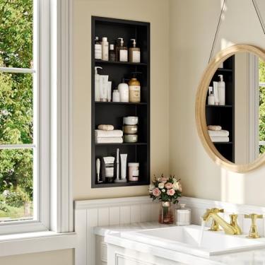 Imagem de Qeke Armário de remédios embutido 35 x 91 cm, armário de remédios sem espelho, nicho de parede de remédios de aço inoxidável 304 com prateleiras de 4 camadas, preto fosco