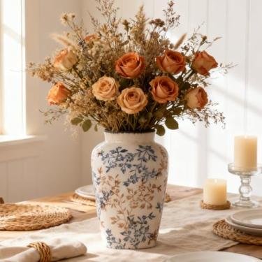 Imagem de Vaso de cerâmica azul e branco – Vaso de cerâmica chinoiserie para centros de mesa, decoração rústica moderna de casa de fazenda para mesa de jantar, cornija de lareira, estante de livros, mesa de