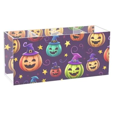Imagem de Burbuja Porta-canetas coloridas de acrílico Jack O Lantern Pumpkins, 4 compartimentos, suporte de lápis transparente para pincel de maquiagem estacionário, acessórios de mesa de escritório em casa