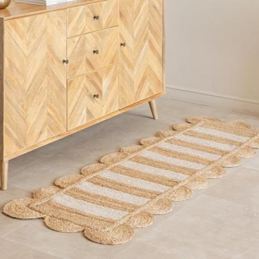 Imagem de HOMEMONDE Tapete de juta recortado – Tapete boho listrado trançado trançado à mão para sala de estar, cozinha, quarto (branco esbranquiçado, 6 x 15 cm)