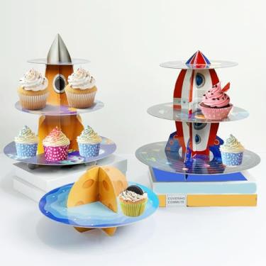 Imagem de Conjunto de 3 conjuntos de suporte e topo de bolo de nave espacial | Decorações de festa de aniversário para meninos e meninas com suportes de cupcake de papelão | Artigos de festa com tema de foguete