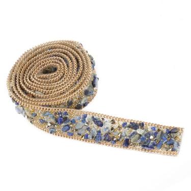 Imagem de Generic Ferro Colorido Com Acabamento Em Cristal de Em Remendo, Acessório de Decoração de Roupas DIY, 2 Cm de Largura, 1 M de Comprimento, Ideal para Celular e Decoração de Casa (Azul + contas de arroz douradas + corrente de ouro)