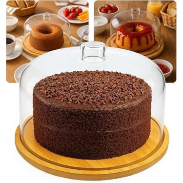 Imagem de Boleira Porta-Bolo de Bambu Com Tampa de Acrílico Cúpula | Perfeito Para Armazenar Seus Bolos e Tortas | 30cm Diâmetro